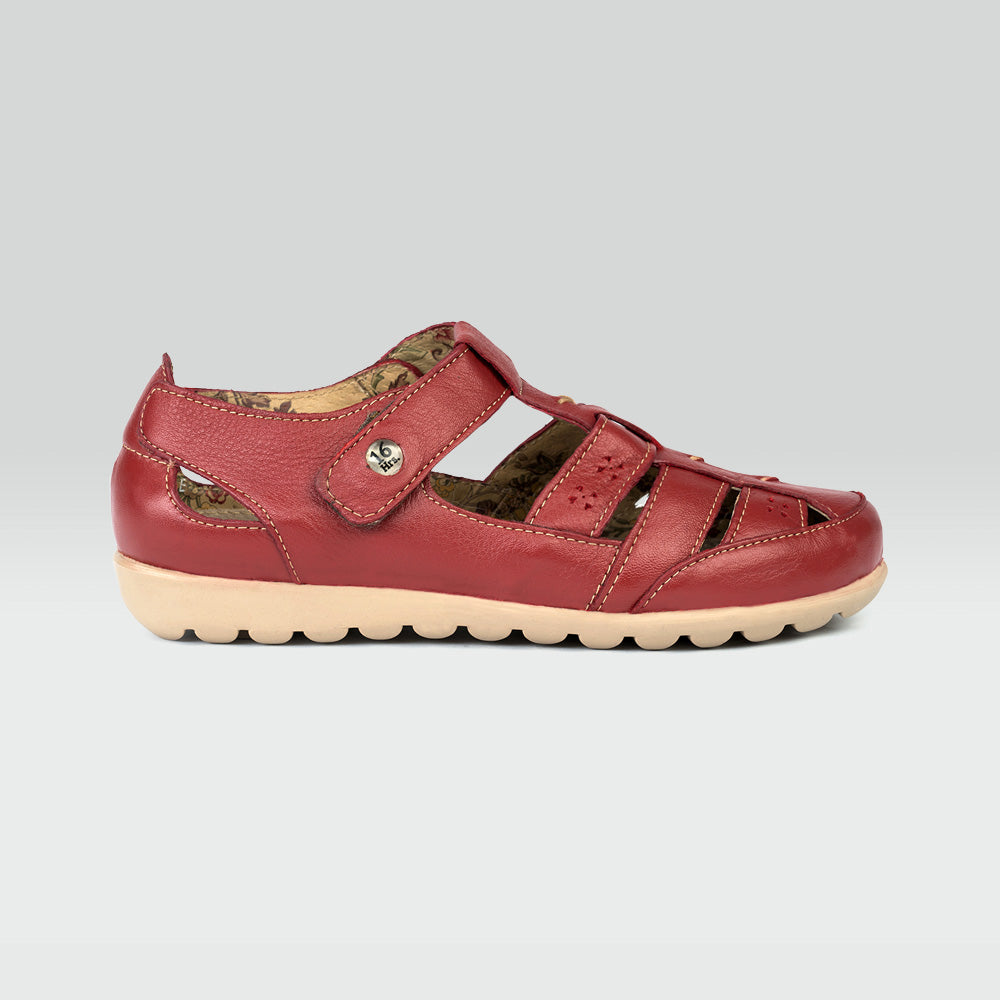 Cristina - Sandalia Casual de Piel Rojo Con Perforaciones y Tejido Artesanal Jarking