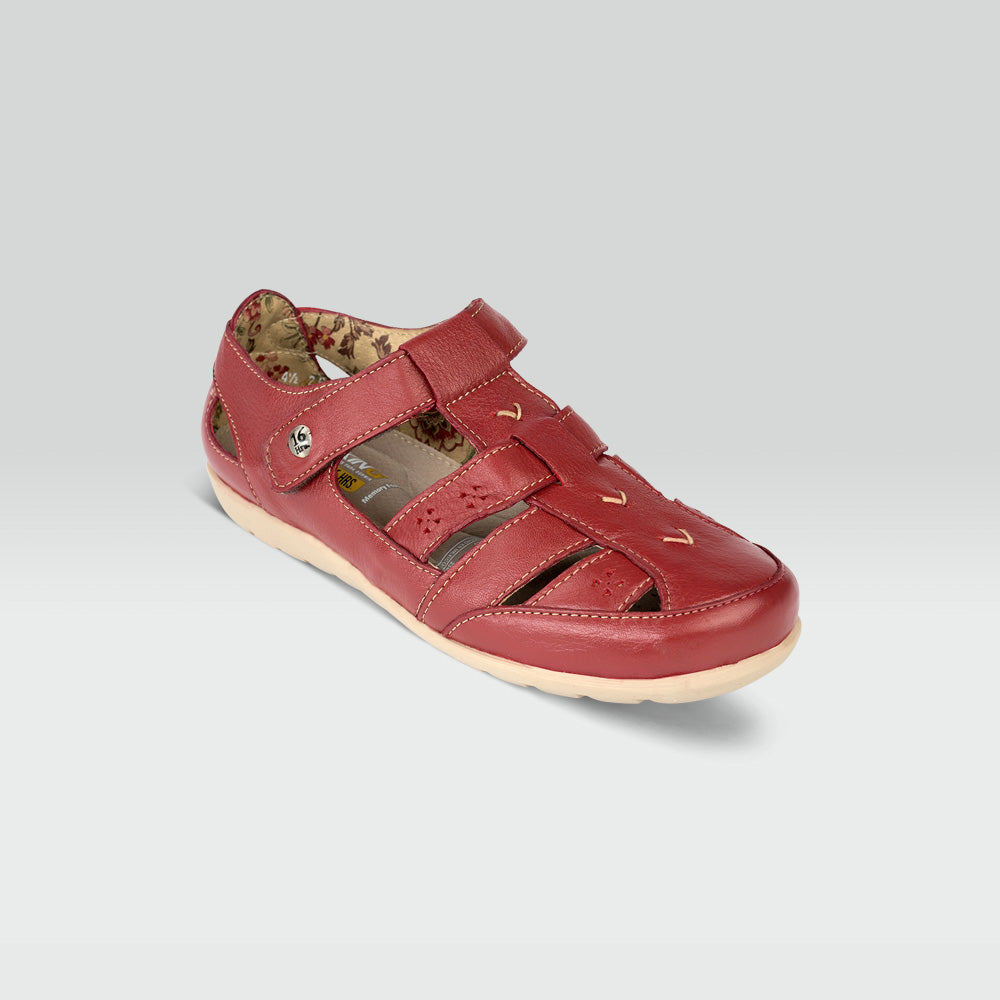 Cristina - Sandalia Casual de Piel Rojo Con Perforaciones y Tejido Artesanal Jarking   Cristina - Sandalia Casual de Piel Rojo Con Perforaciones y Tejido Artesanal Jarking