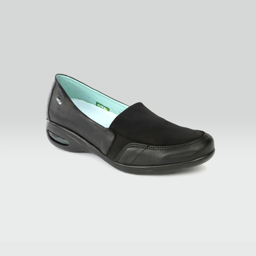 Zapato Casual de Piel Negro con Floreta de Licra y Amplitud
